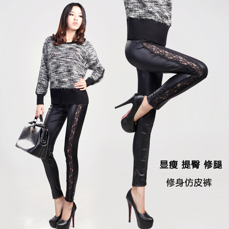 55 Wire faux leather lace patchwork faux leather legging elastic female