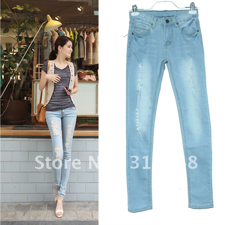 5819 female spring Sky Blue elastic jeans hole pencil skinny pants female 2012