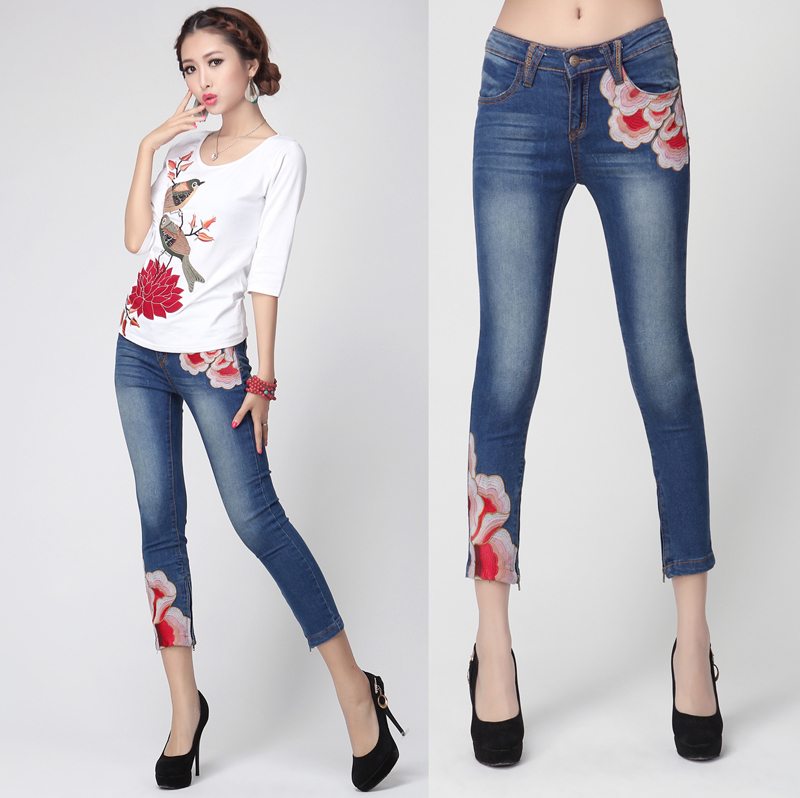 5863 2012 embroidered slim taper ankle length trousers jeans female boot cut jeans