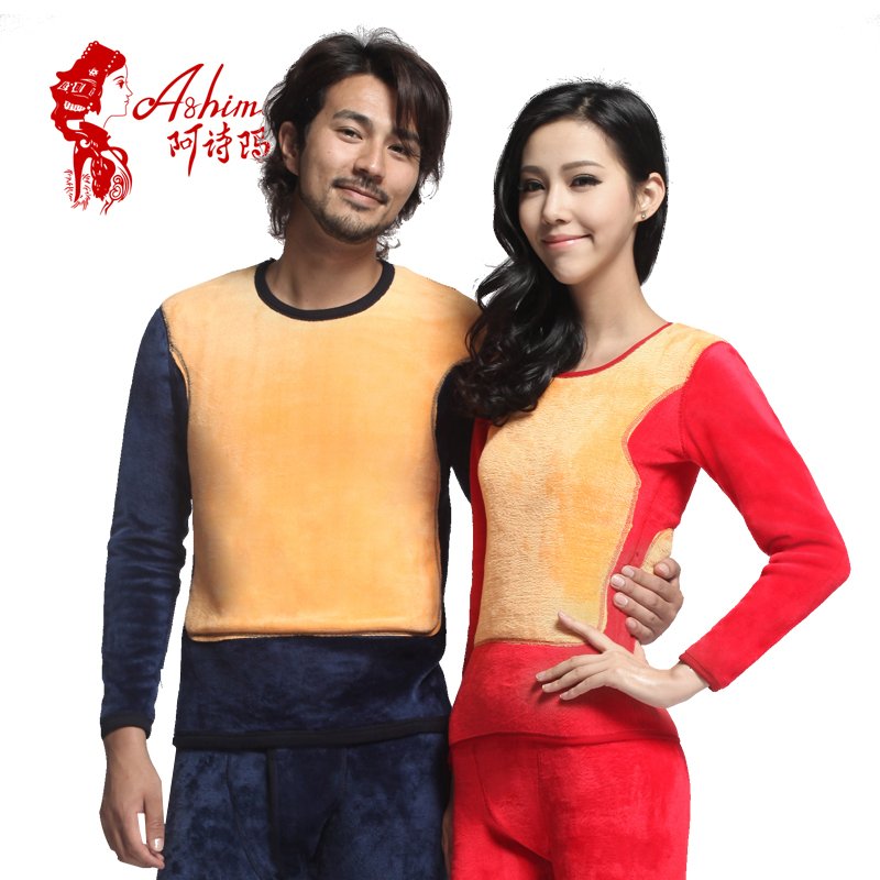 59 ashima double layer thickening plus velvet golden flower thermal underwear male women's o-neck thermal set