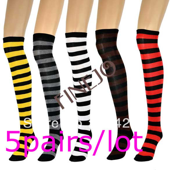 5Pairs/lot Women Ladies Striped Knee Socks Cotton Stripes Pantyhose School Sports Stocking Free shipping 8148