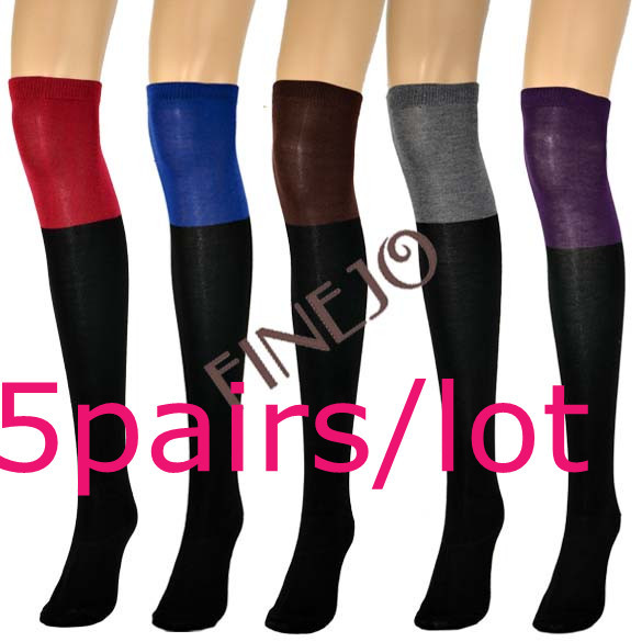 5pairs/lot Women Two Tone Over Knee Socks Cotton High Legging Stocking 5 Colors Free shipping 8147