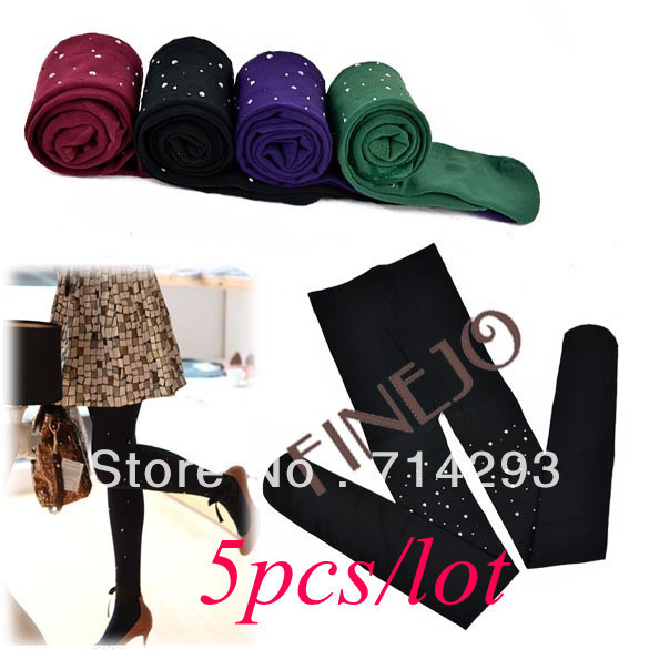 5pcs/lot 2013 Fashion Women's Rhinestone Polka Dot Velvet Leggings Tight Spandex Warm Winter Crop free shipping 9517