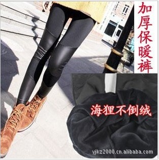 5pcs/lot 9267 winter pants thermal double layer thick cotton knee patchwork faux leather mink velvet ankle length legging