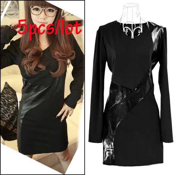 5pcs/lot Black Casual Womens Long Sleeve V-Neck Synthetic Leather Splicing Cotton Dress free shipping 8434