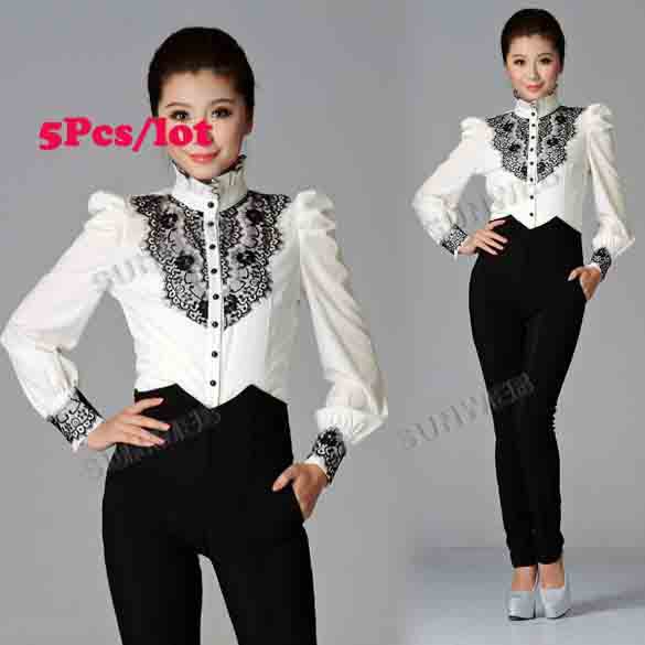 5pcs/lot Cotton Women's Korea Lotus Leaf Stand Collar Long Puff Sleeve shirt OL Lace Blouses Tops White Free shipping 10029