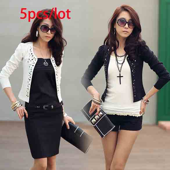 5Pcs/lot Fashion Korea Women's coat Stylish Rivet Stud Long Sleeve Mini Small suit Outwear Black, White free shipping7522