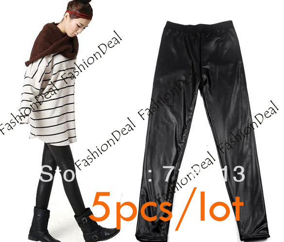 5PCS/lot Fashion Women's Imitation leather Slim Thicken Leggings Tights Pants Black Free Shipping 8491