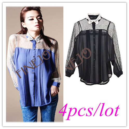 5pcs/lot Fashion Women's Lace Long Sleeve Batwing Chiffon Shirt Blouse Top Black, Blue, Pink  free shipping 7742