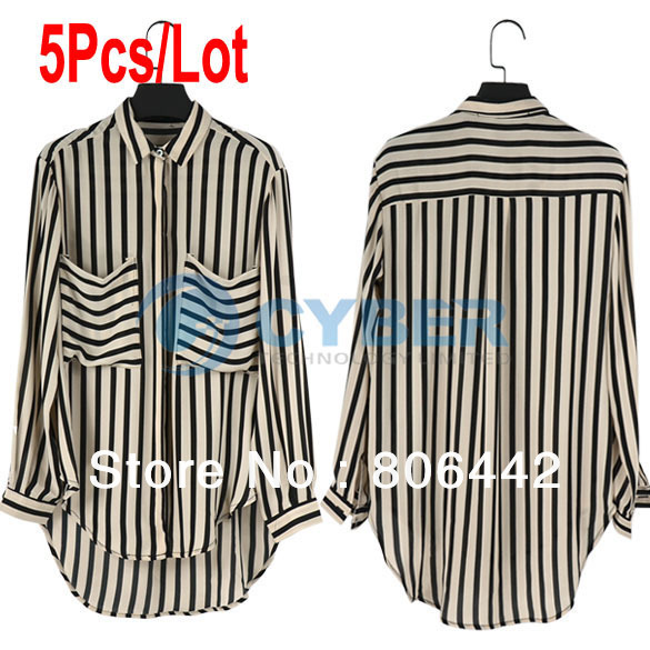 5Pcs/Lot Fashion Womens' OL Classic White Black Striped Blouse Elegant Casual Loose Chiffon Shirt Tops Free Shipping 11110