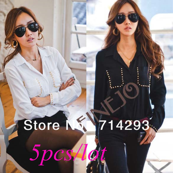 5pcs/lot free shipping New Korean Fashion Women's Long Sleeve Turn-down Collar Rivet Shirt Blouse 11065