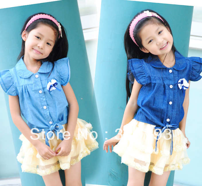 5pcs/lot Hot sale !Wholesale Girls summer clothing 2013 thin denim shirt sleeveless shirt clothing child summer tieclasps top