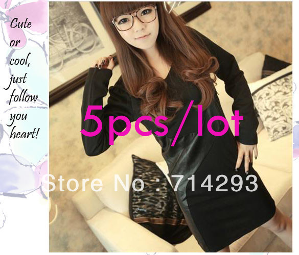 5pcs/lot Korea Women's Long Sleeve V-Neck Synthetic Leather Splicing Mini Cotton Dress free shipping 8434