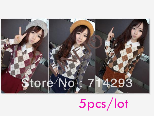 5pcs/lot Korea Women's Simple Turn-down Collar Lattice Sweater Shirt Tops Blouse 3 Colors Free shipping 9275