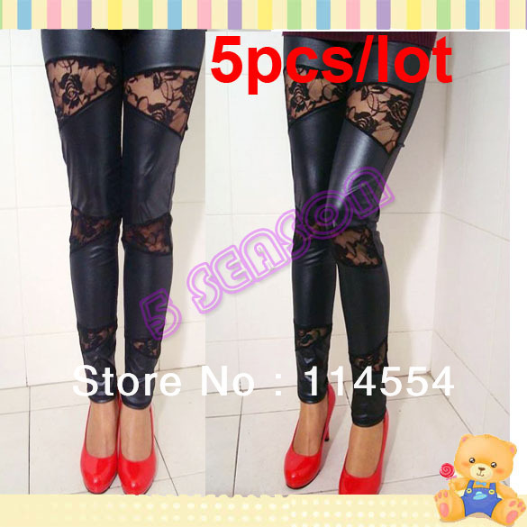 5Pcs/Lot New Black Women Leather Look & Floral Lace Fashion Slim Fit Skinny Pants Leggings Free shipping 6135