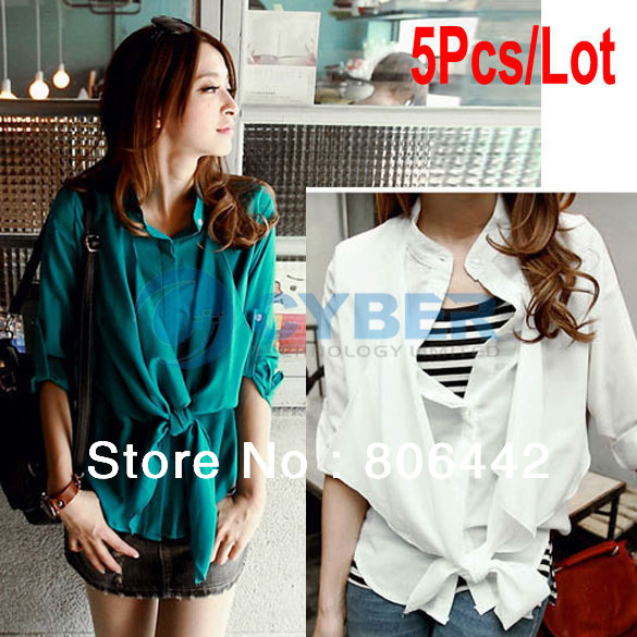 5Pcs/Lot New Fashion Lady Women's Shirt Long Sleeve Button Down Chiffon Blouse Top 2 Colors Free Shipping 9481