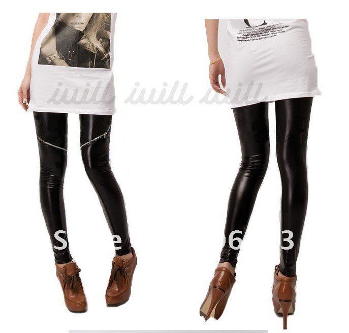 5Pcs/Lot New Fashion Women PU Leather Zipper Pants,Sexy black singer  leggings Free Shipping