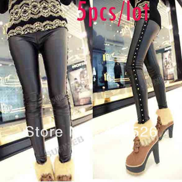 5pcs/lot Sexy Side Rivets Imitated Leather Women's Legging Tights Skinny Pencil Pants Black free shipping 8782