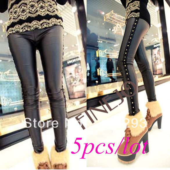 5pcs/lot Sexy Women's Side Rivets Imitated Leather Legging Tights Skinny Pencil Pant Free Shipping 8782