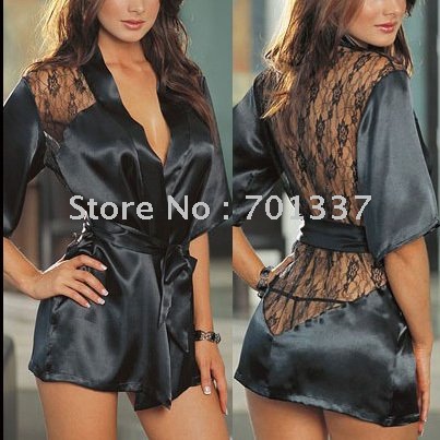 5pcs/lot wholesale Sexy lingerie night wear satin robe dress Black  3427 One Size