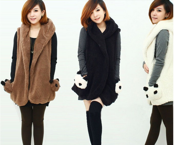 5pcs/lot women's  autumn winter hooded fur panda vest Korean fashion long jacket Free shipping