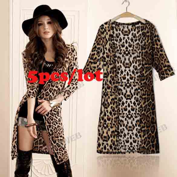 5pcs/lot Women's Cardigan Fashion Sexy Crystal Cotton Mid-length 1/2 Sleeve Leopard Coat Jacket Outwear free shipping 8788