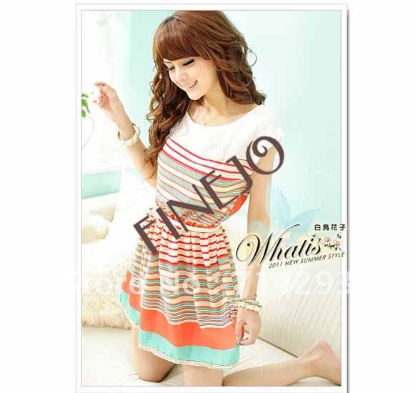 5pcs/lot Women's summer Colorful Stripes Belt Women Mini Fashion Chiffon Dress With Belt Free Shipping 2691