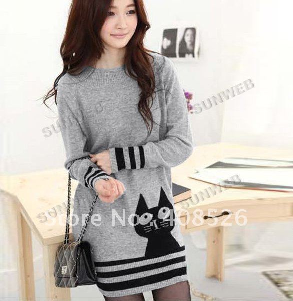 5pcs/lot Women's wool pure Knit long sleeve loose Long Sweater Cat Gray free shipping 6578