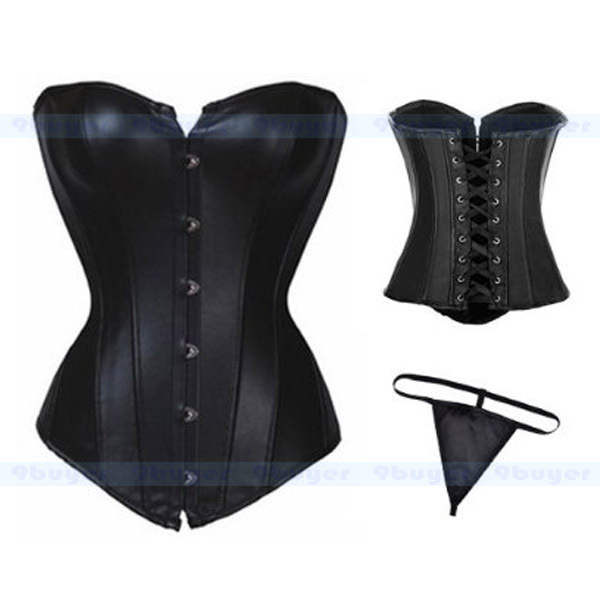 5pcs SEXY Corset Black PU leather Overbust Bustier Lace up Corset lingerie G-string