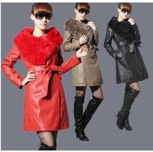 6,024 women's fashion fall/winter 2012 new Rex rabbit fur collar warm coats for ladies PU leather long coat thick collar