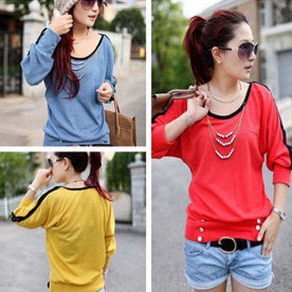 6 Color Women's Long Sleeve Loose Shirt Candy Color Scoop Neck Knits Blouse With Chain knits for women HR409