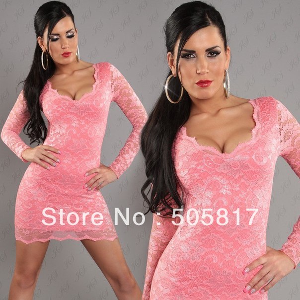 6 colors!  Top quality LONG sleeve women full lace lingerie Charming mini dress party costume Red blue black apricot pink YH5410