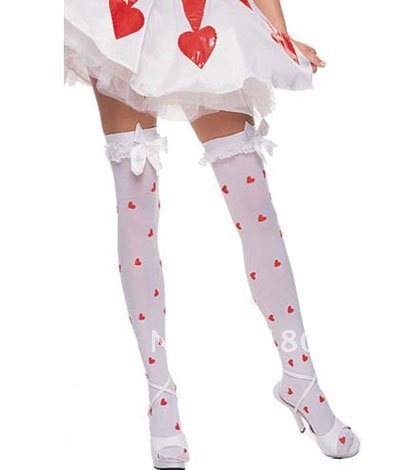 (6 pairs / Lot ) Women Fashion Bow Stockings, White with Red Heart Print Tights, Wholesale Hosiery , Free Shipping A8723