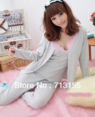 6 sets/lot, 100% knitted cotton long-sleeves women lounge wear with lace trimming in gray , free shipping