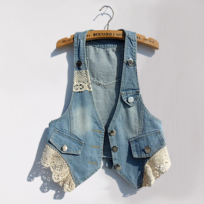 6019 denim vest female 2013 spring and summer lace decoration 100% cotton vest small vest sleeveless short jacket