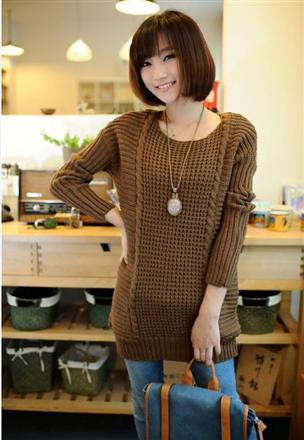 6021 long design solid color twisted o-neck batwing type pullover sweater