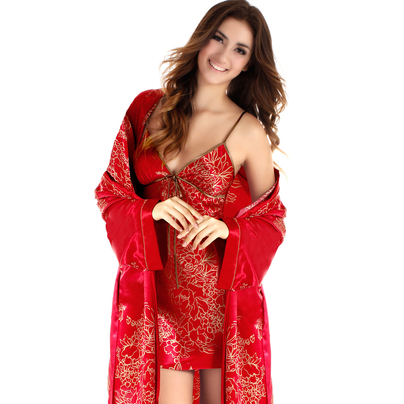 6073  spring and summer silk married sleepwear  for women , women  sleepwear dress . women silk pajmasskirt+robe 2 sets