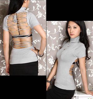 6146 Sexy Women High Collar Short Sleeve Backless Strap Night Club Knitted T-shirt Tight Top