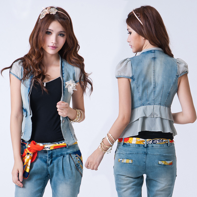 6211 summer one button denim chiffon flower colorant match vest all-match vest JD