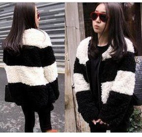 6245 Women 2012 New black-and-white striped warm lamb wool pros and cons of wearing fur thicker coat