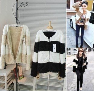 6342 Women 2012 New super thick coat both sides wear stripes all black plush fleece furry