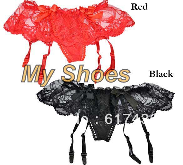 65pcs/lot sexy lace underwear princess ladies panties lace briefs T-Pants + Stocking With Garter Red/ Black Red, Black7950