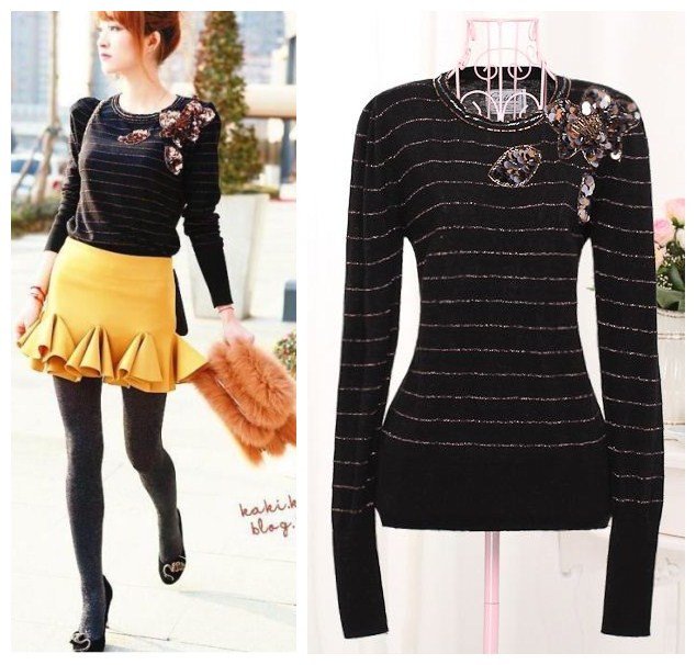 66 beautiful three-dimensional flowers paillette beading elegant shoulder pad stripe all-match sweater