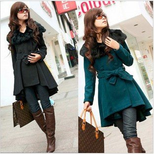 662# new Korean temperament of self-cultivation in autumn and winter fur collar double breasted coat woolen cloth