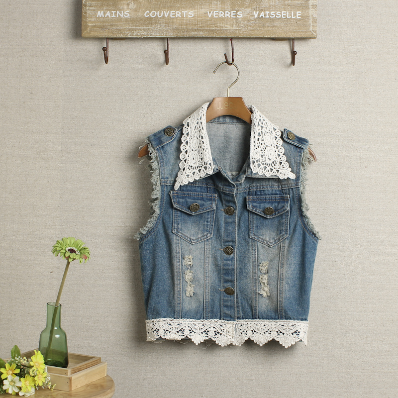 6701 - 1 2013 spring and summer sleeveless lace denim vest fashion vest female vest