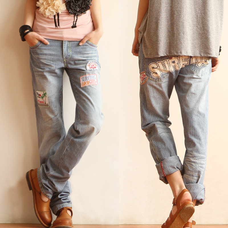 6716 - 0.38 2012 water wash retro finishing applique loose stripe jeans female (WC009)