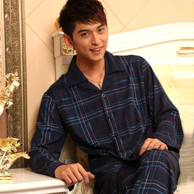 68 spring and autumn elegant plaid male cotton long-sleeve sleep set lounge