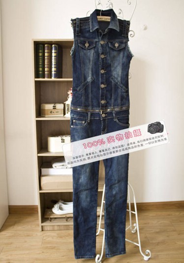 689 hot-selling denim personalized low-waist split jumpsuit vest trousers orange belt