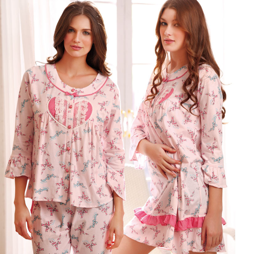 69 lounge women's autumn and winter wrist-length sleeve mind act upon mind knitted cotton sleepwear cake nightgown set