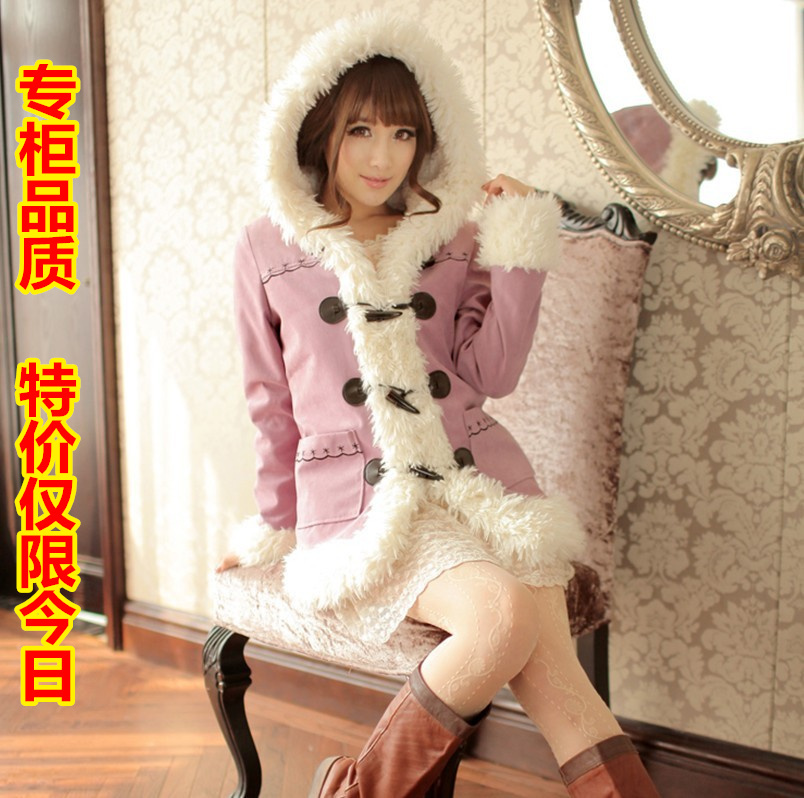 6968 autumn and winter vintage woolen outerwear female medium-long thermal berber fleece hat woolen overcoat